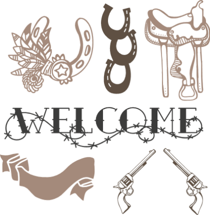 western-bundle-welcome-sign-horseshoes-guns-horse-saddle-free-svg-file-SvgHeart.Com